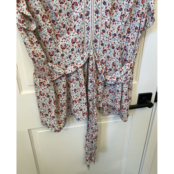 Max Studio Blouse Size 2X Red Blue Floral V Neck Ruffle Peplum Boho Waist Tie - Picture 6 of 16